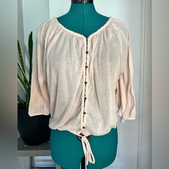 AMERICAN RAG Tops Women Medium Peach Orange Blouse Sheer V Neckline Tie Hem - Picture 1 of 8